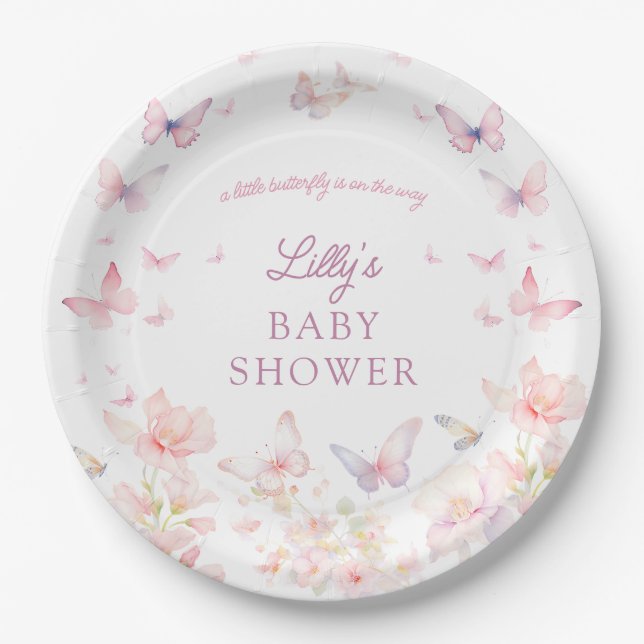 Assiettes En Carton Papillon sur le chemin Baby shower de fleurs roses (Devant)