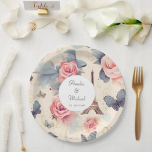 Assiettes En Carton Papillon Tour Eiffel et Mariage Motif Rose