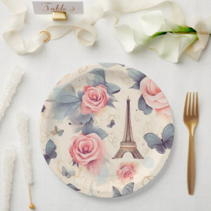 Assiettes En Carton Papillon Tour Eiffel et Motif Rose
