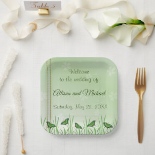 Assiettes En Carton Papillon vert sur vert clair - mariage