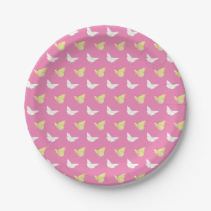 Assiettes En Carton Papillons blancs et jaunes clairs volant rose