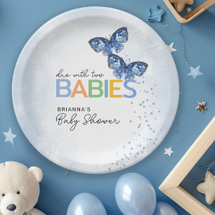 Assiettes En Carton Papillons bleus à deux Baby showers jumeaux