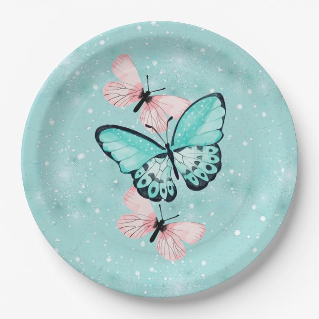 Assiettes En Carton Papillons bleus et roses en pastel (Devant)
