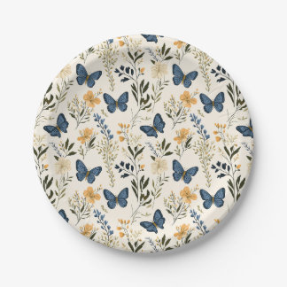 Assiettes En Carton Papillons bleus et verdure