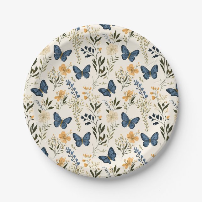 Assiettes En Carton Papillons bleus et verdure (Devant)