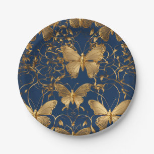 Assiettes En Carton Papillons bleus métalliques avec Vins d'or