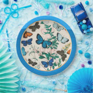 Assiettes En Carton Papillons, cadre bleu
