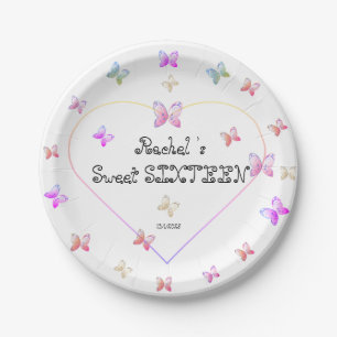 Assiettes En Carton Papillons de coeur rose doux 16 Anniversaire