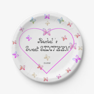 Assiettes En Carton Papillons de coeur rose doux 16 Anniversaire