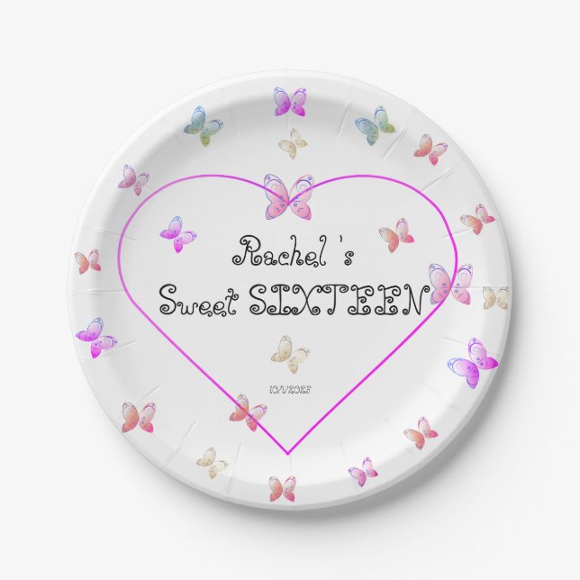 Assiettes En Carton Papillons de coeur rose doux 16 Anniversaire (Devant)
