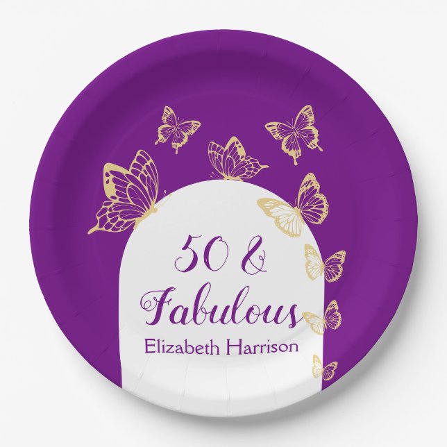 Assiettes En Carton Papillons d'or violet moderne Fabuleux anniversair (Devant)