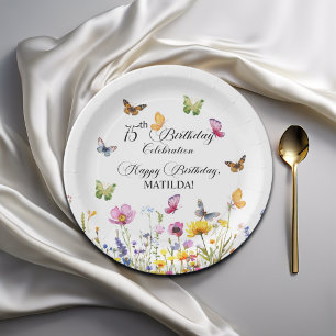 Assiettes En Carton Papillons et Fleur sauvage Élégant 75e anniversair