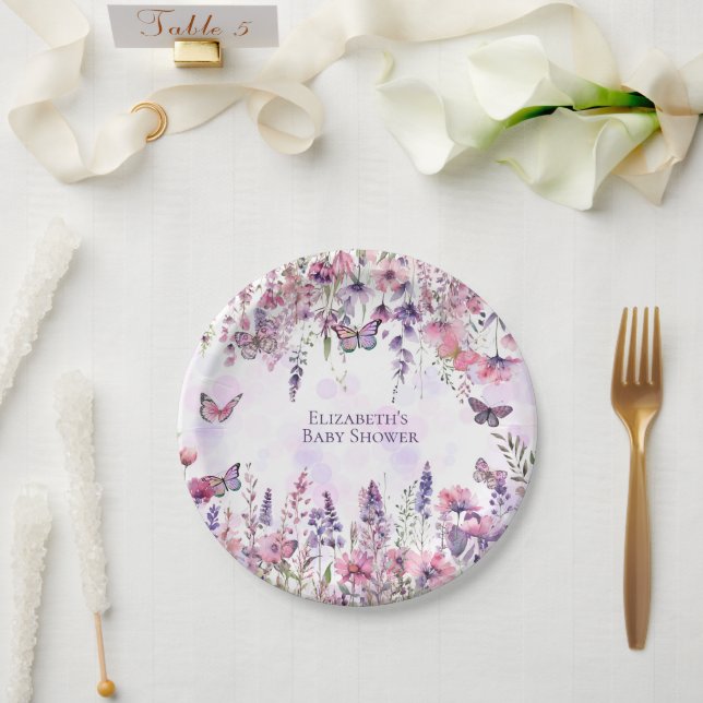 Assiettes En Carton Papillons et Fleurs sauvages blancs (Mariage)