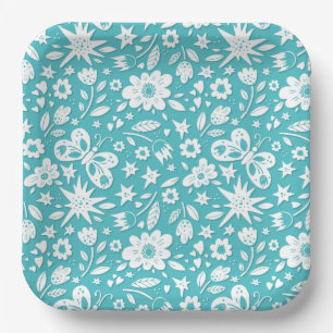 Assiettes En Carton Papillons Et Fleurs Sur Aqua