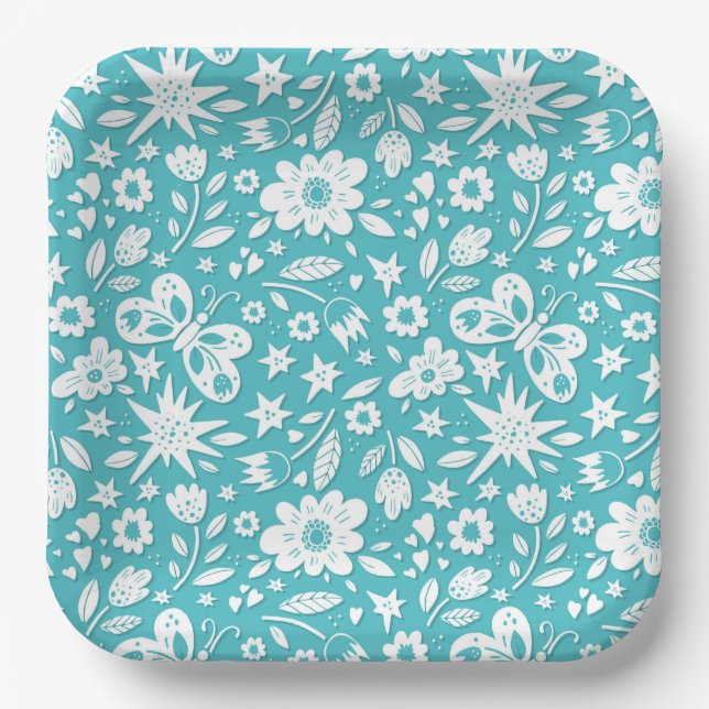 Assiettes En Carton Papillons Et Fleurs Sur Aqua (Recto)