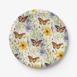 Assiettes En Carton Papillons et marguerites dans une prairie