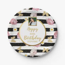 Assiettes En Carton Papillons Fleurs, Anniversaire, Texte Photo Person