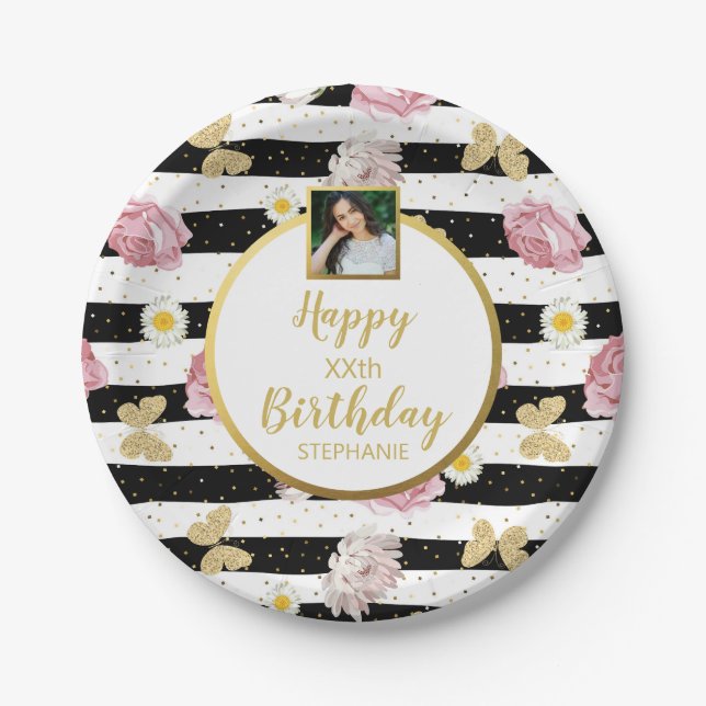 Assiettes En Carton Papillons Fleurs, Anniversaire, Texte Photo Person (Devant)
