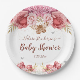 Assiettes En Carton Papillons floraux Baby shower rose