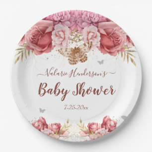 Assiettes En Carton Papillons floraux Baby shower rose