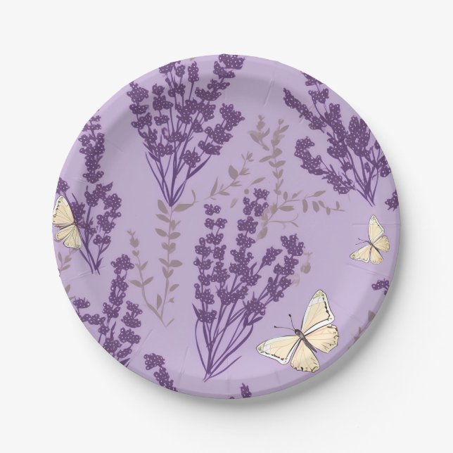 Assiettes En Carton Papillons ivoire et fleurs de lavande (Devant)