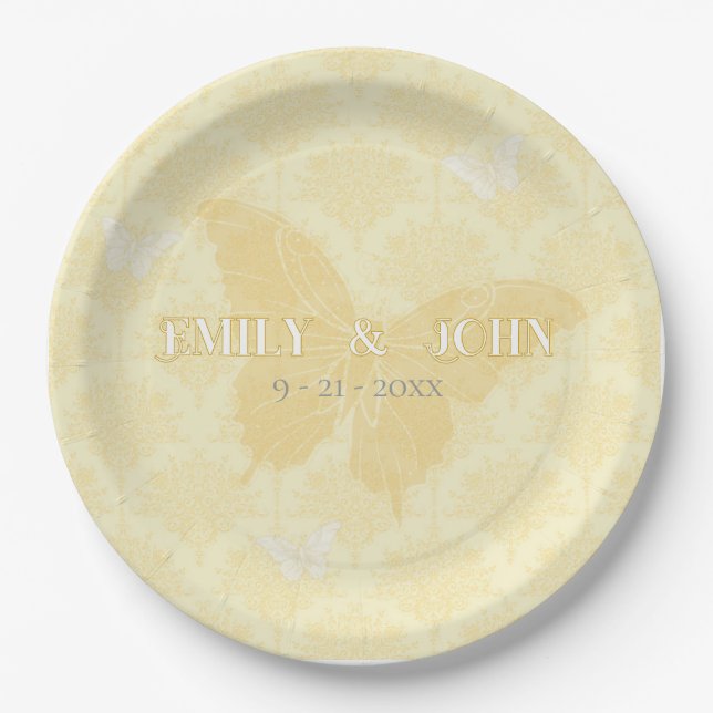 Assiettes En Carton Papillons Mariages jaunes et blancs (Devant)