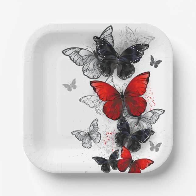 Assiettes En Carton Papillons noirs et rouges volants (Recto)