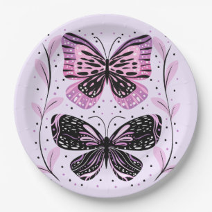 Assiettes En Carton Papillons noirs, roses, violets
