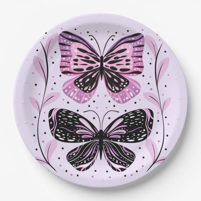 Assiettes En Carton Papillons noirs, roses, violets (Devant)