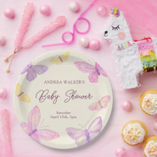 Assiettes En Carton Papillons Pastel Baby shower rose violet