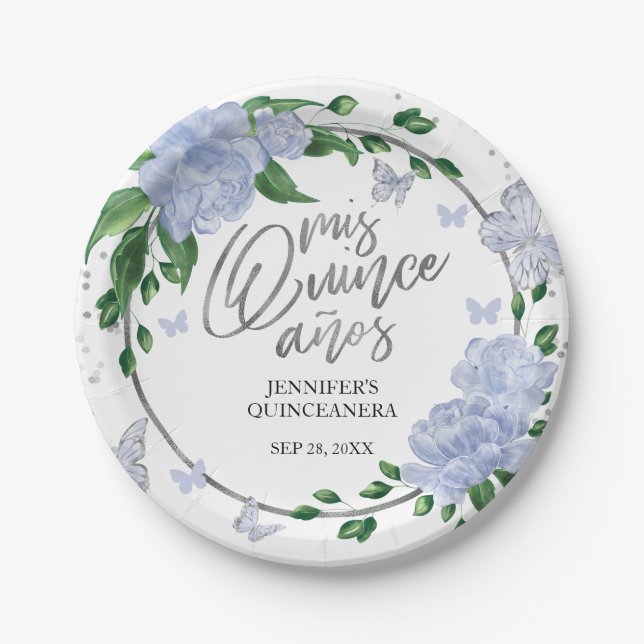 Assiettes En Carton Papillons Quinceanera Dusty Blue Gown (Devant)