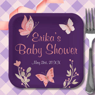 Assiettes En Carton Papillons rose Floral Violet Baby shower