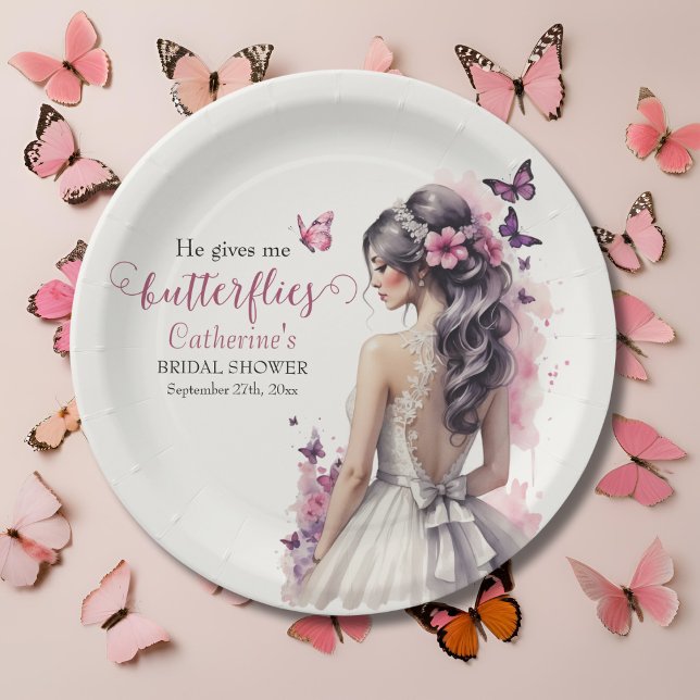 Assiettes En Carton Papillons rose Mariage Floral Fête des mariées (Créateur téléchargé)