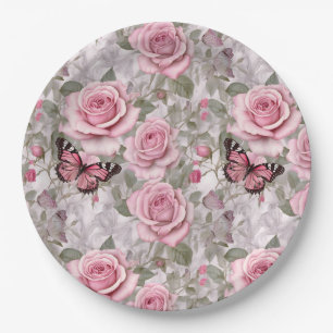 Assiettes En Carton Papillons rose pâle et fleurs Roses