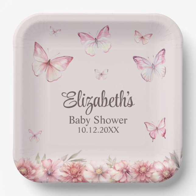 Assiettes En Carton Papillons roses et Baby shower de fleurs (Recto)