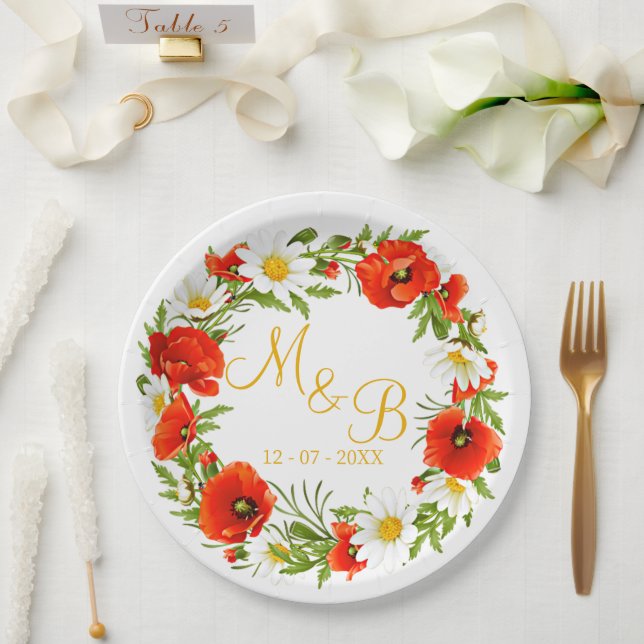 Assiettes En Carton Papillons rouges Marguerites jaunes blancs Fleur W (Mariage)