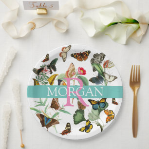Assiettes En Carton Papillons vintages, Monogramme & Nom, Turquoise & 