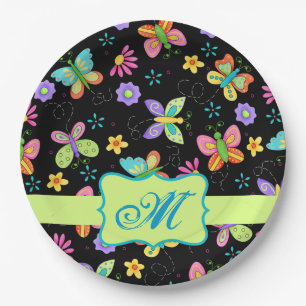 Assiettes En Carton Papillons Whimsy modernes Monogramme vert noir