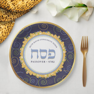 Assiettes En Carton Pâque Personnelle Seder Jérusalem Marine/Or