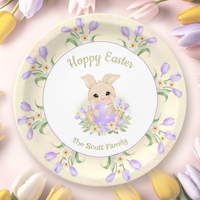 Assiettes En Carton Pâques Brunch Chasse aux oeufs Jaune Purple Bunny  (Easter Brunch Egg Hunt Yellow Purple Bunny Name Paper Plates)