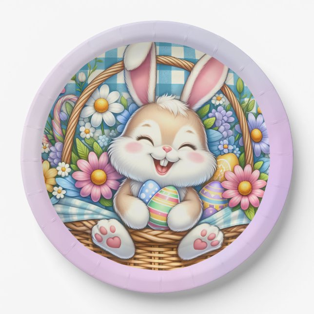 Assiettes En Carton Pâques joyeuses avec du lapin mignon, des oeufs et (Devant)