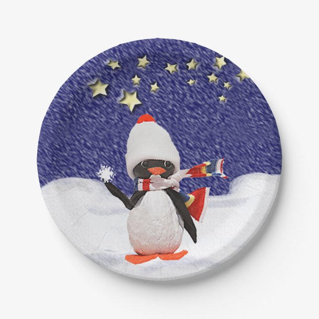 Assiettes En Carton Paradis adorable de Noël d'ornement de pingouin (Devant)