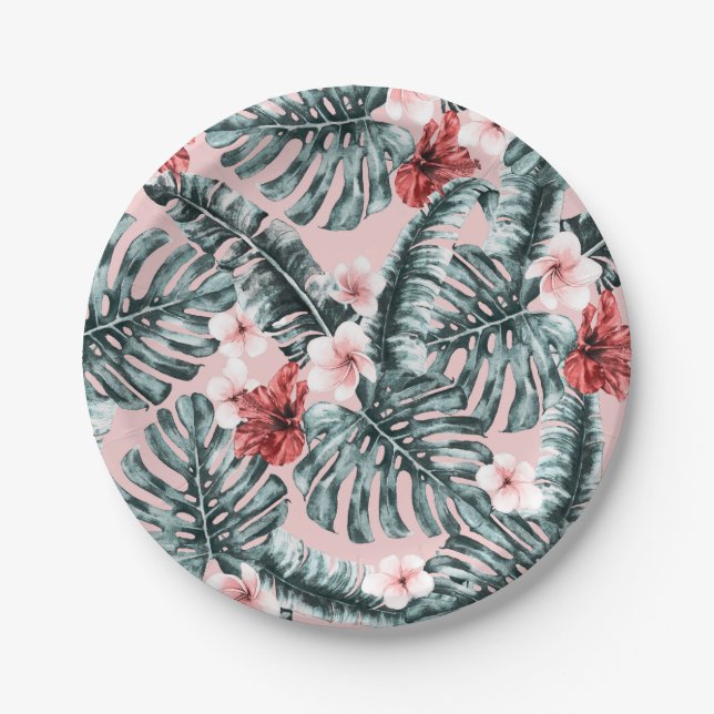 Assiettes En Carton Paradis Rose Île Tropicale Florale Botanique (Devant)