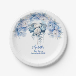 Assiettes En Carton Parapluie Floral Bleu Poussiéreux Baby Shower