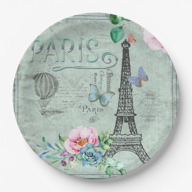 Assiettes En Carton Paris-Eiffel Tour-Fleur-Floral-Vintage-Rose (Devant)