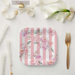 Assiettes En Carton Paris thème rose rayures florales pivoine nuptiale