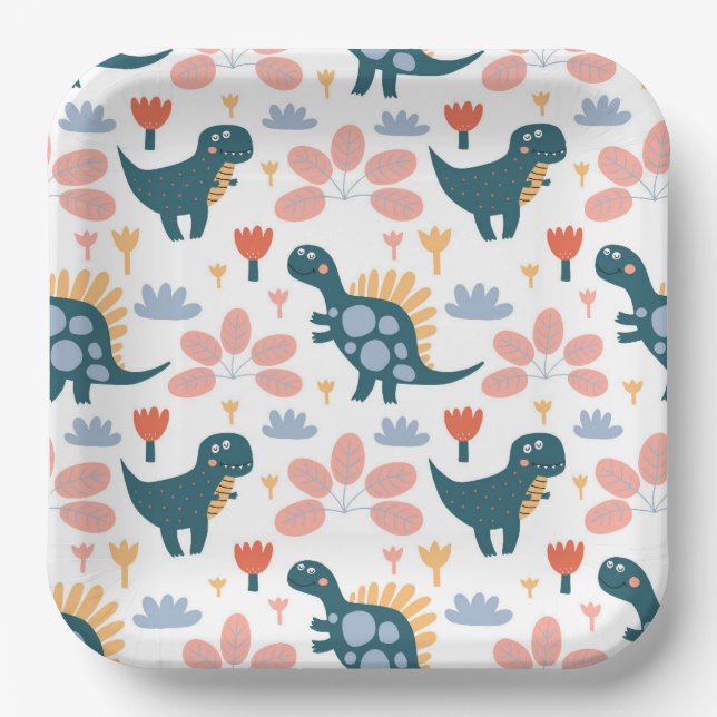 Assiettes En Carton Parti Anniversaire de enfant de Cute Dinosaur (Recto)