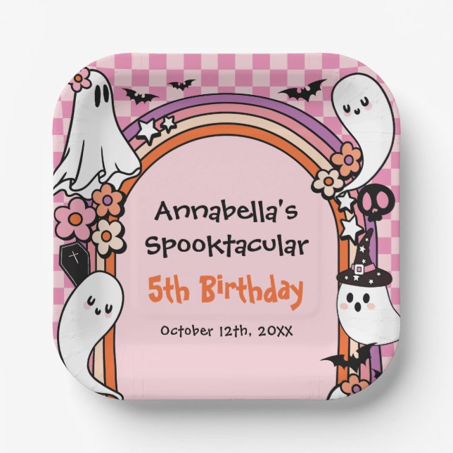 Assiettes En Carton Parti Anniversaire de enfant d'Halloween rose (Recto)