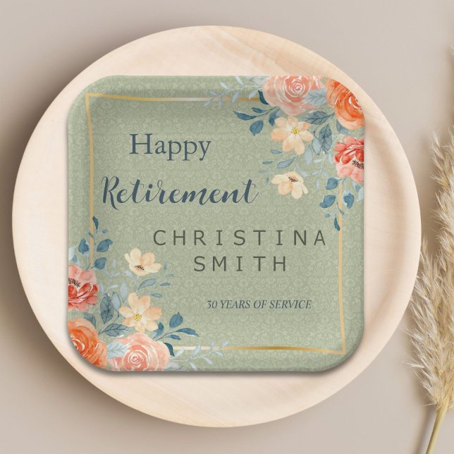 Assiettes En Carton Parti de la retraite de l'aquarelle florale rustiq (Rustic Elegant Floral Watercolor Retirement Party Paper Plates)