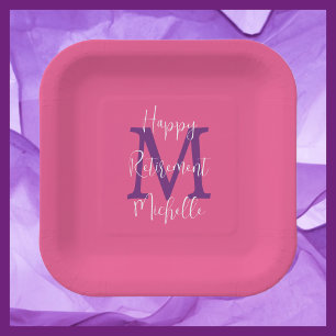 Assiettes En Carton Parti de retraite rose violet blanc Nom Monogramme